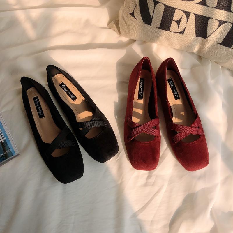 Piger pearl velvet flats nøgen pink balletsko solide elastiske krydsbånd loafers firkantet tå ballerina mokkasiner femme