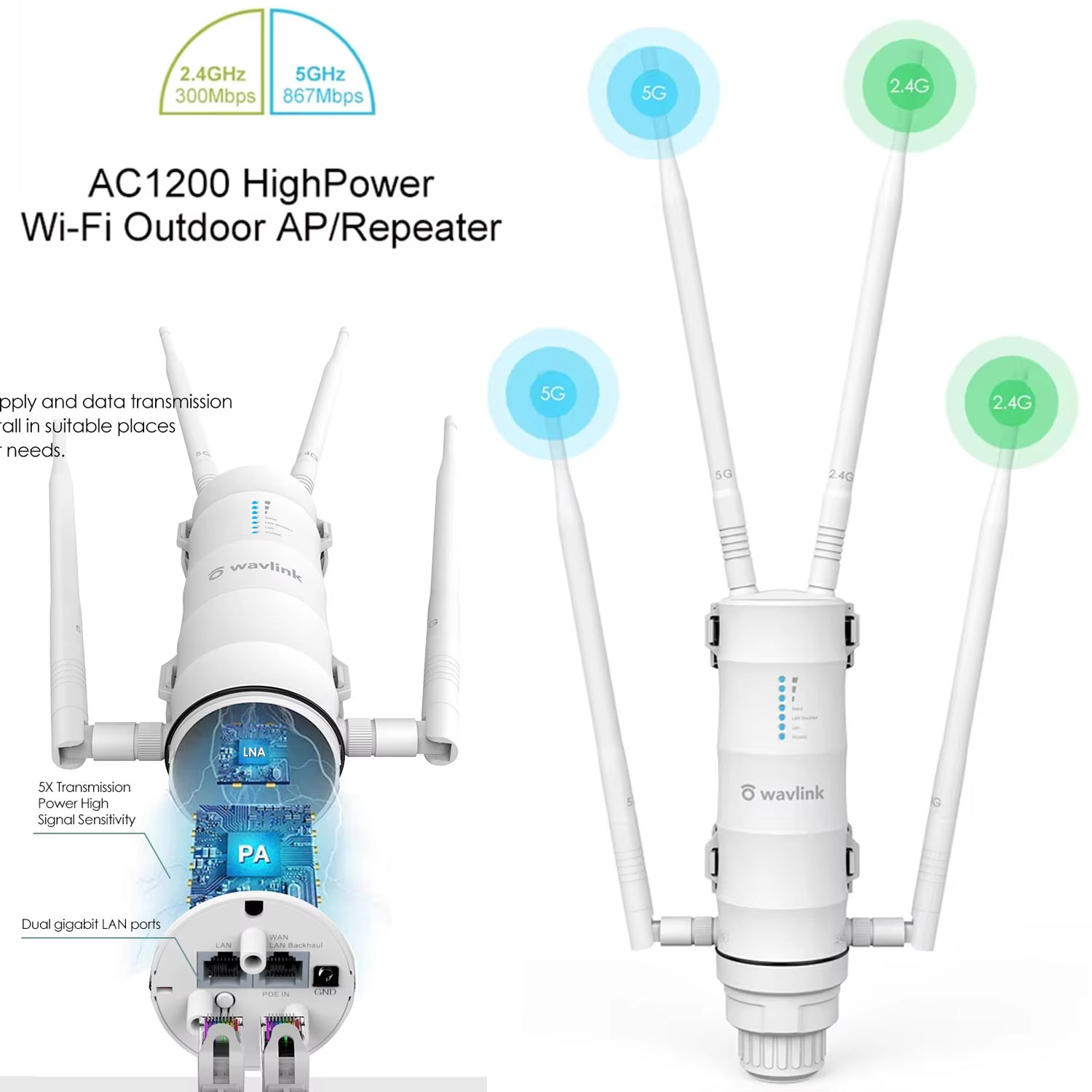 Wavlink wlan-Verstärker  ac1200 mit großer reichweite, dualband-zugangspunkt mit aktiver/passiver poe-ap-wlan-signalverstärkerantenne