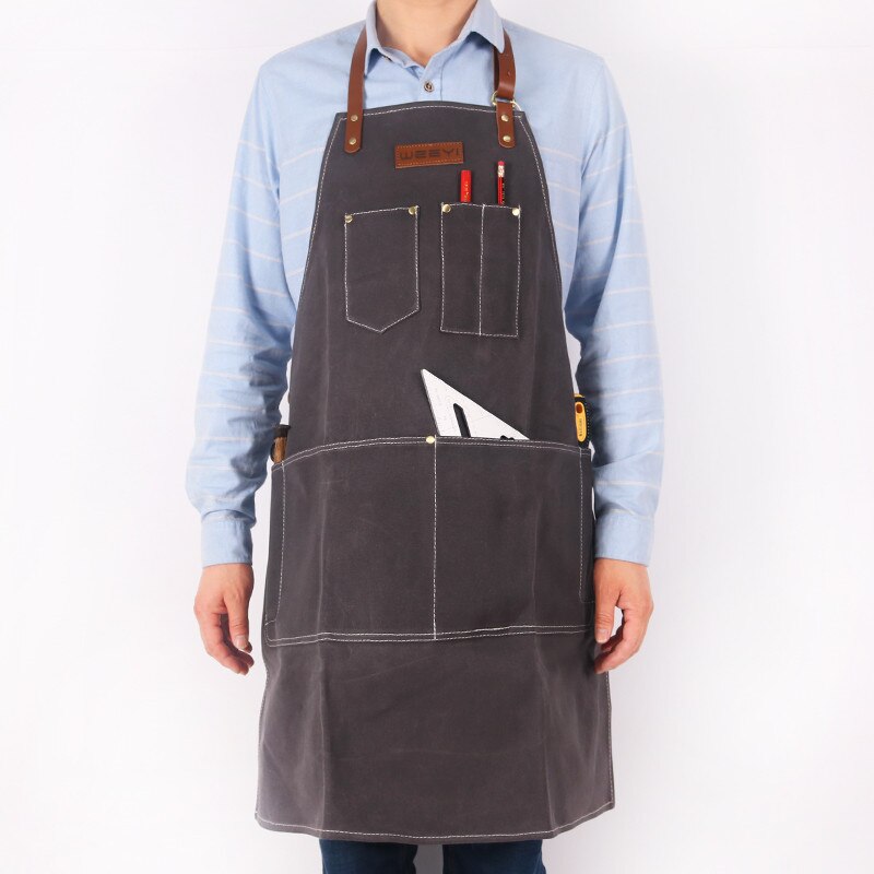 WEEYI delantal de lona encerado pesado Vintage para Barbero carpintero con correa de cuero mujeres hombres trabajo delantal BBQ Grill delantales delantal: Grey