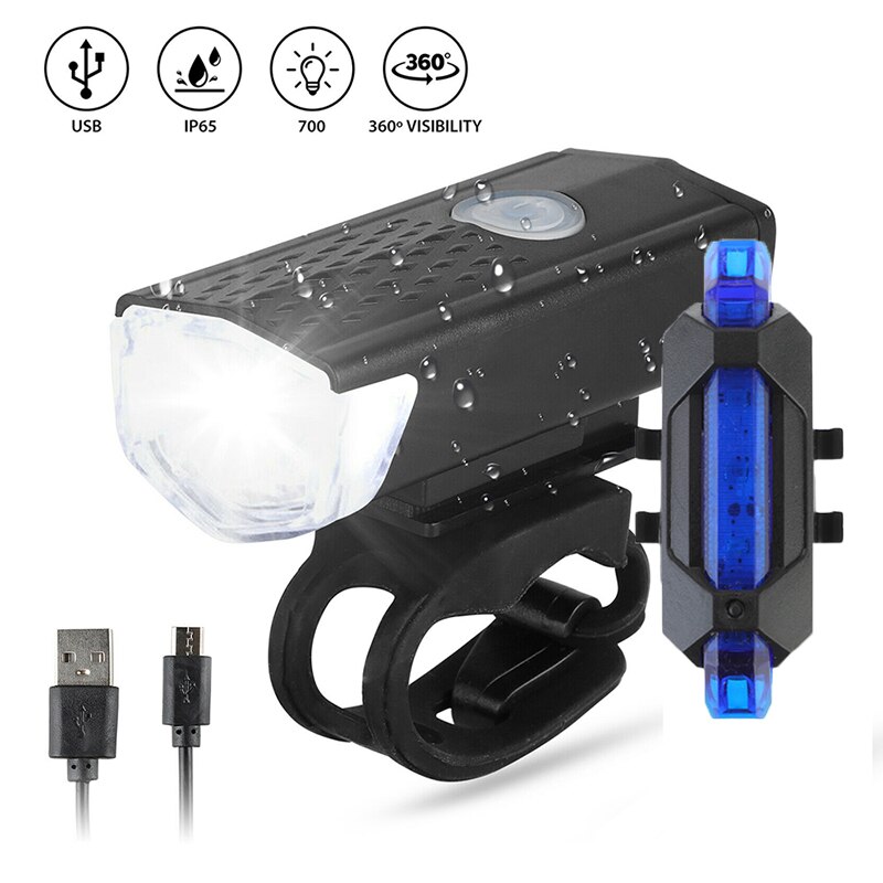 Faro delantero y trasero para bicicleta de montaña, luz LED recargable vía USB, luz de advertencia de seguridad, resistente al agua: Set A