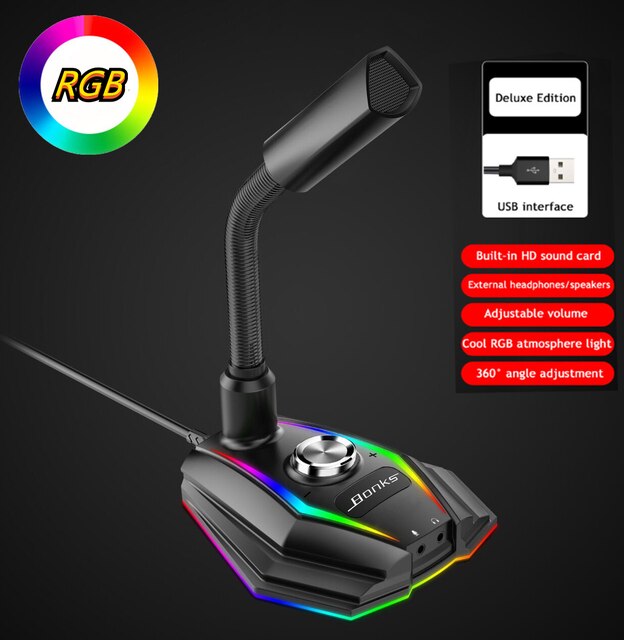 USB Sound Card RGB Microphone Computer Gaming Mic With Speaker Headset Jack Free Drive Noise Reduction 360° Rotate HD Receiver: USB with RGB