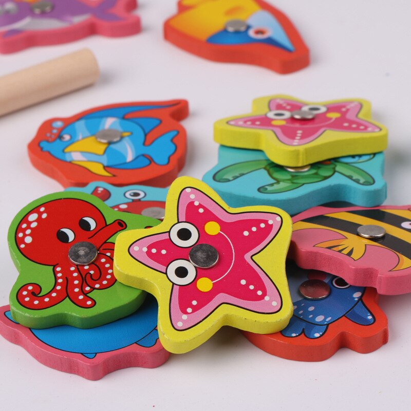 Children Cognition Magnetic Fishing Toys Outdoor Wooden Toys Magnetic Games Fishing Toy Funny 3D Fish Boys Girl