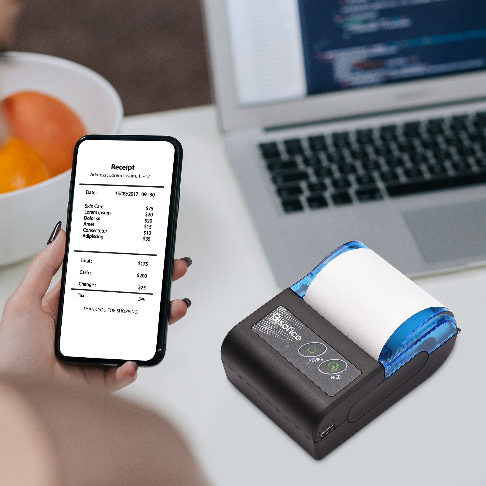 Bisofice Portable Mini Thermal Printer 2 inch Wireless USB Receipt Bill Ticket Printer with 58mm Print Paper for Restaurant