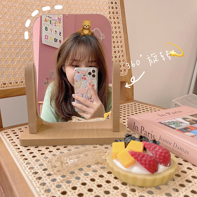 Abstract Wind Contracted Wooden Mirror Can Rotate Lovely Girl Student Desktop Makeup Mirror Web Celebrity Dressing Mirror