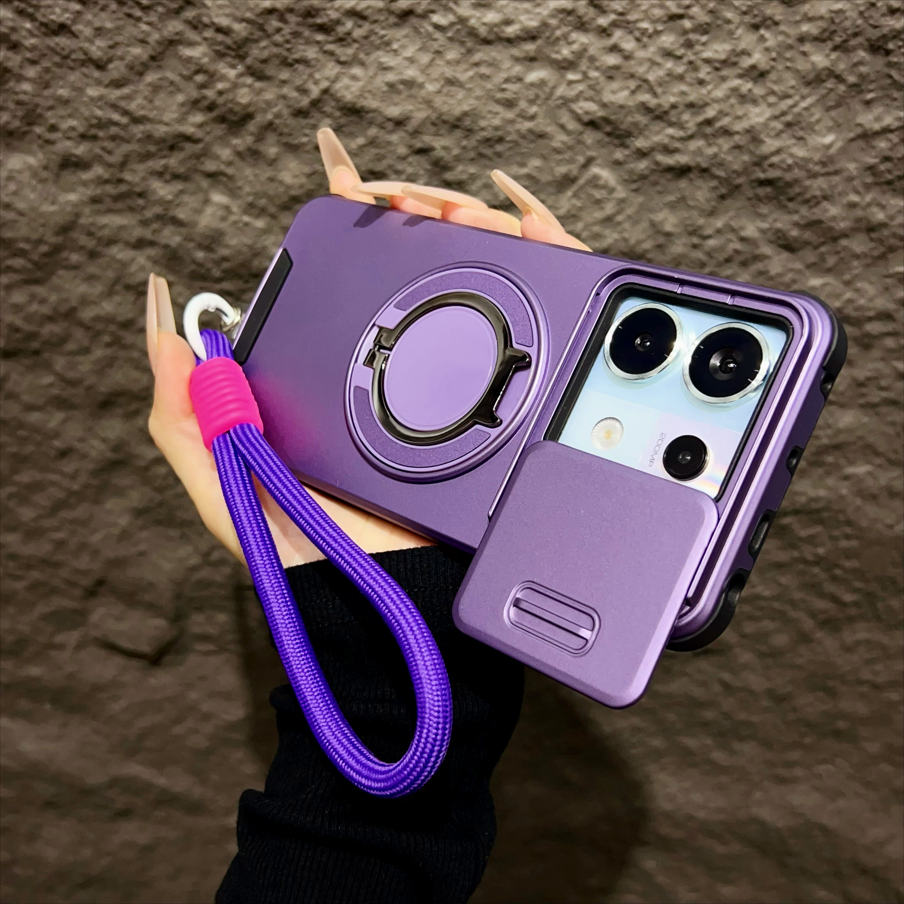 Capa magnética armadura para redmi note 14 13 pro plus 5g 4g xiaomi 14t pro com cordão slide proteção de câmera capa à prova de choque: EVA / ROXO