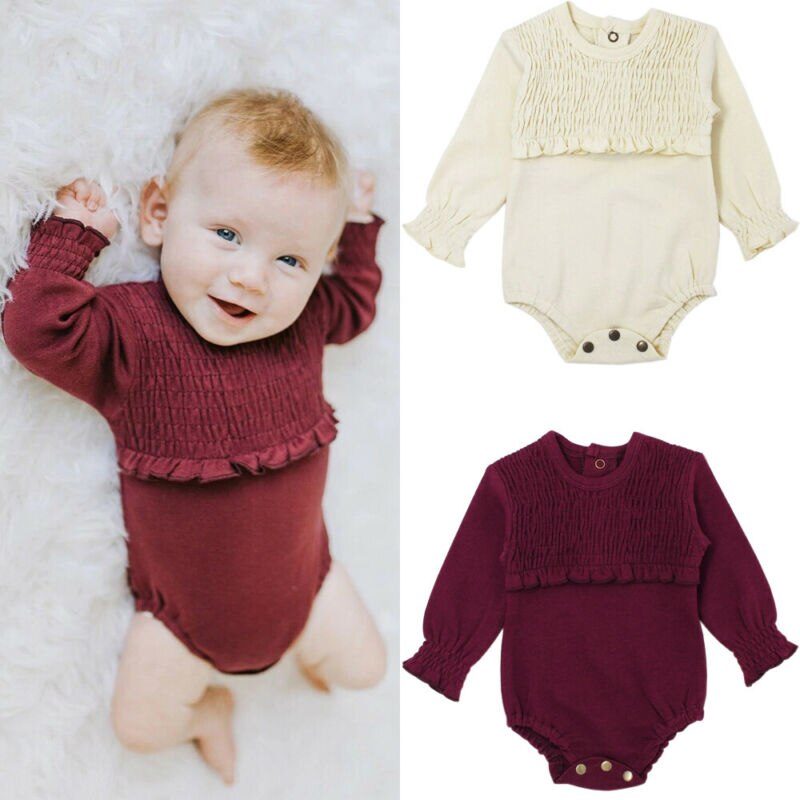 Baby bodysuit 0-24m baby meisjes jongens bodysuits ruches effen lange mouwen jumpsuits mooie kleding herfstoutfits 2 kleuren