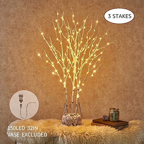 3Pack Pre Lit Artificial Brown Twig Branch with Fairy Lights 150LED Plug in Lighted Willow Branch for Christmas Indoor Outdoor: White / UK plug