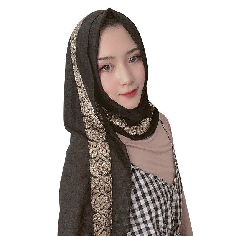 Muslim headscarf Chiffon Scarf Dubai Abu Dhabi tourism gilded scarf women's headscarf: black