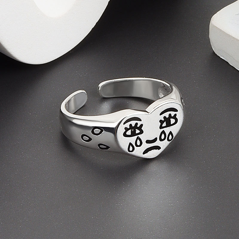 CIAXY, anillos de cara llorando de Color plateado para mujer, expresión de lágrimas tristes, anillo abierto de corazón de amor Retro, joyería superventas: Blanco