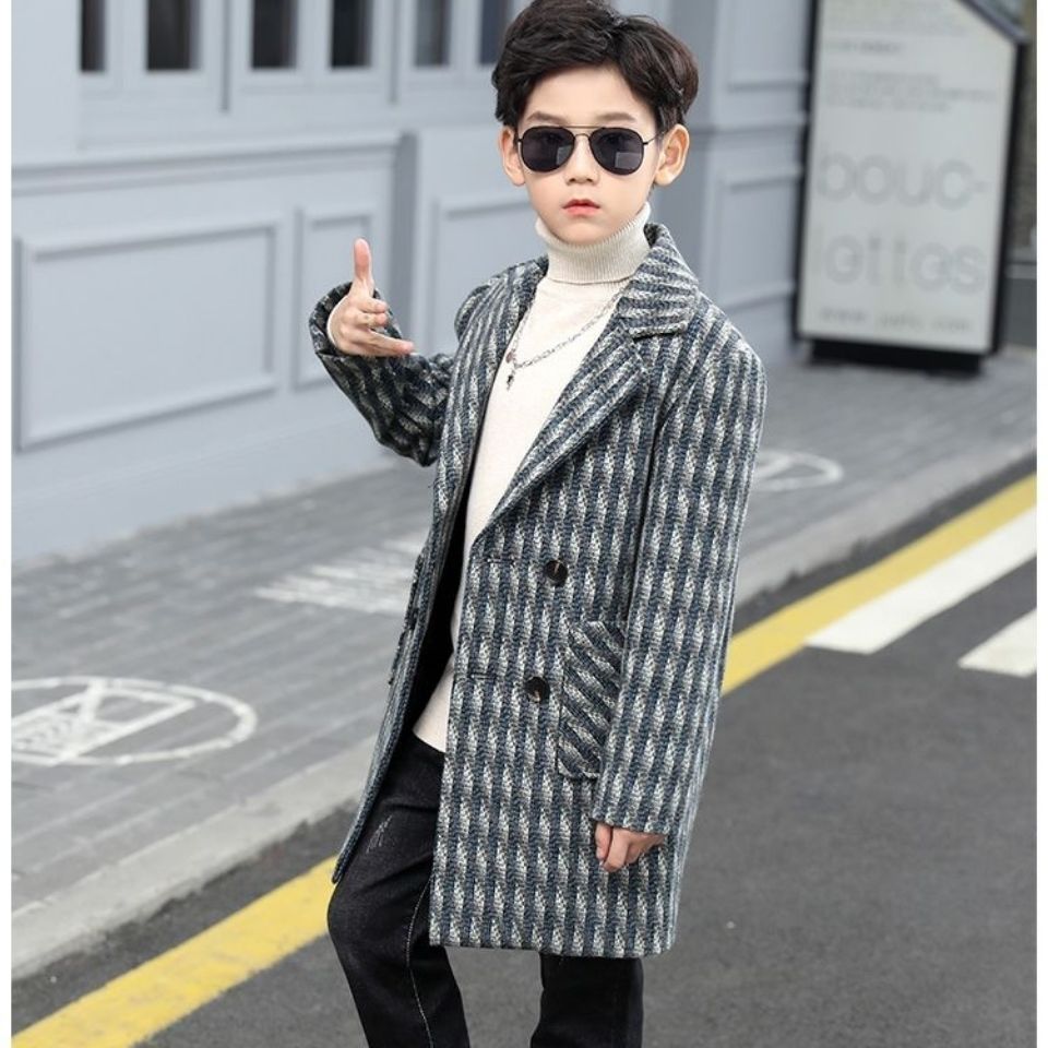 Boys Wool Coat Woolen Overcoat Kids Clothes Fall Winter Plaid Thicken Casual Woollen hildren Outerwear Trench Jackets