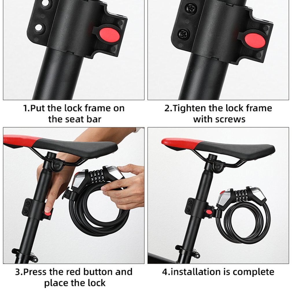 BG-0515 Bicycle Anti-theft 4-digit Code Lock With Light Alloy Core Lightweight Security Lock Bicycle Part Accessory