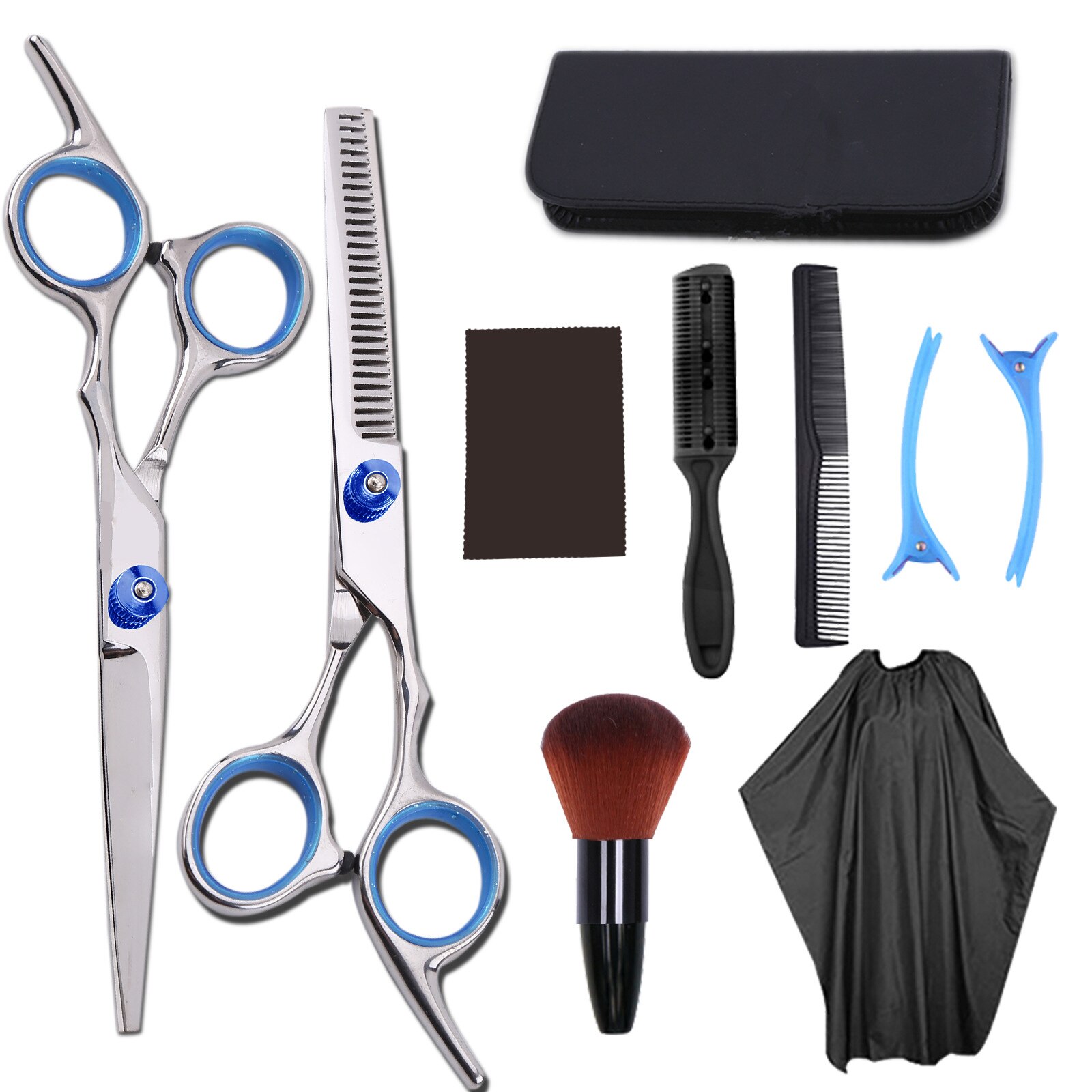 men's most popular Scissors Kit Hair Cutting Scissors Hair Scissors Tail comb Hair Cape Hair Cutter Comb: Blue white-1