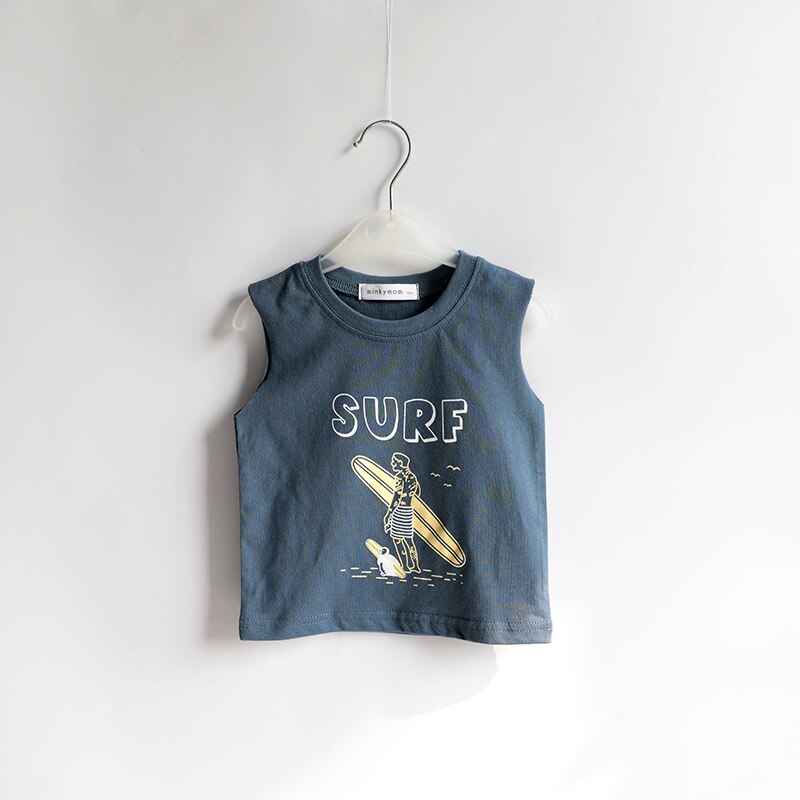 Baby Zomer Katoenen T-shirts Jongens Meisjes Mouwloos T-shirt Cartoon Gedrukt Surfen Vest Koreaanse Stijl Kinderen Kleding: Blauw / 6m