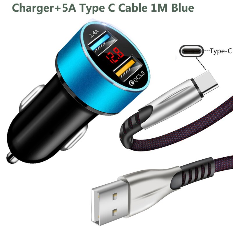 QC 3,0 cargador de coche tipo C USB Cable de datos de carga súper rápida para Xiaomi 9 10 Pro Note 10 lite Redmi 8 8A 9 9A 9C cargador de coche: Charger Cable Blue