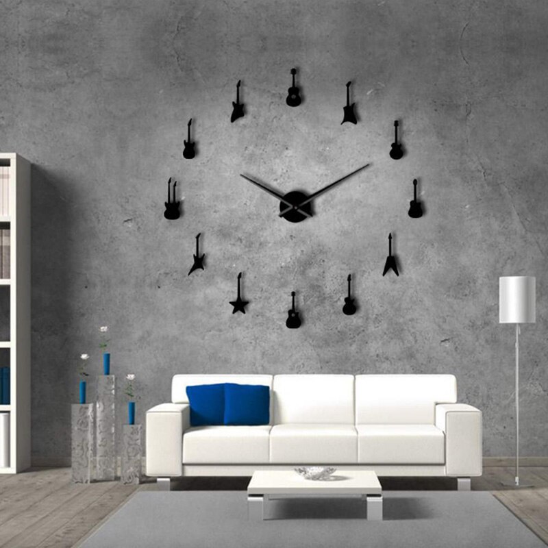 110 cm X 110 cm głaz rolka gitara zegar ścienny odmiany muzyki Horloge Diy akrylowe naklejki na lusterka 3d duże zegary ścienne domu wystrój