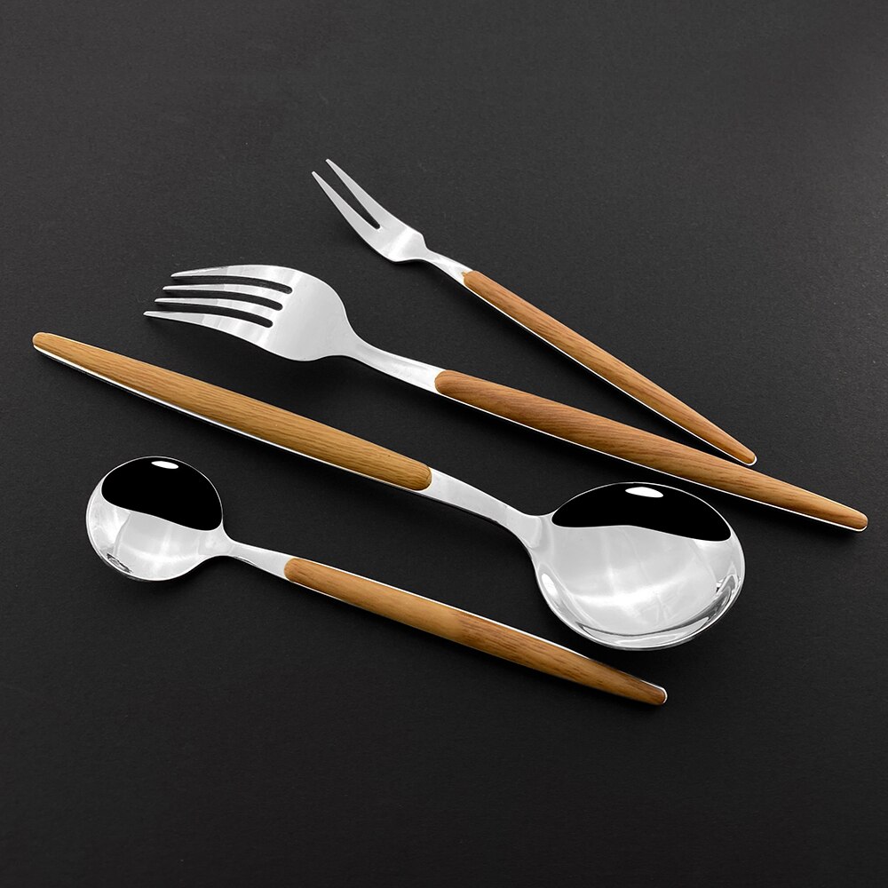Western Silver 1/5Pcs Dinnerware Set Wood Handle Stainless Steel Dinner Home Knife Fork Spoon Fish Fork Flatware Cutlery Sets