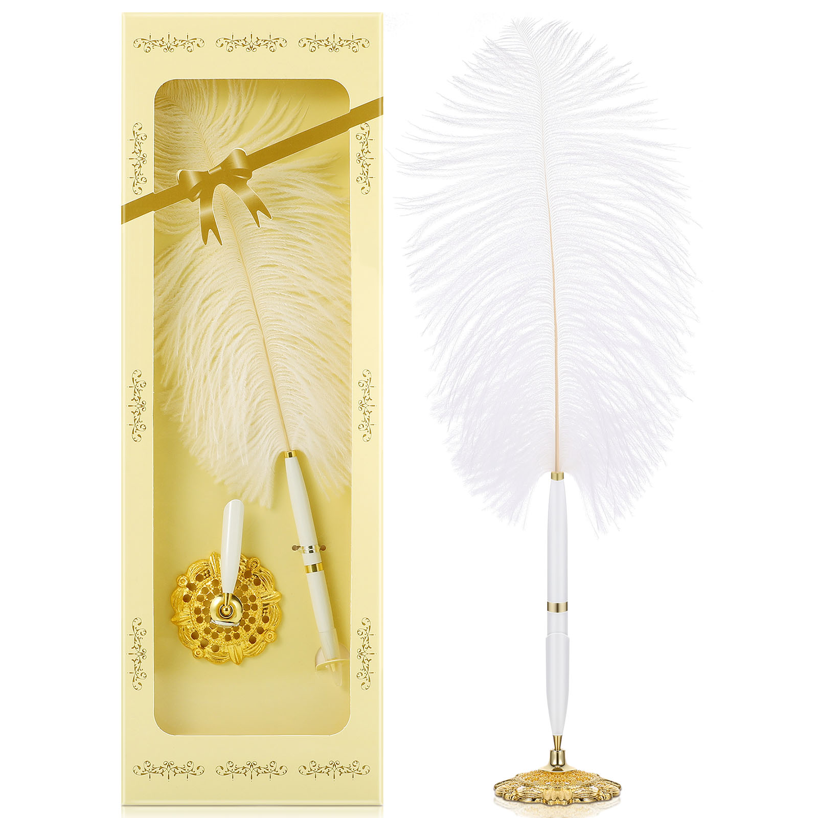 Pennlåda för bröllopsfest med signering av gästboksskrivare och metallställ för brud