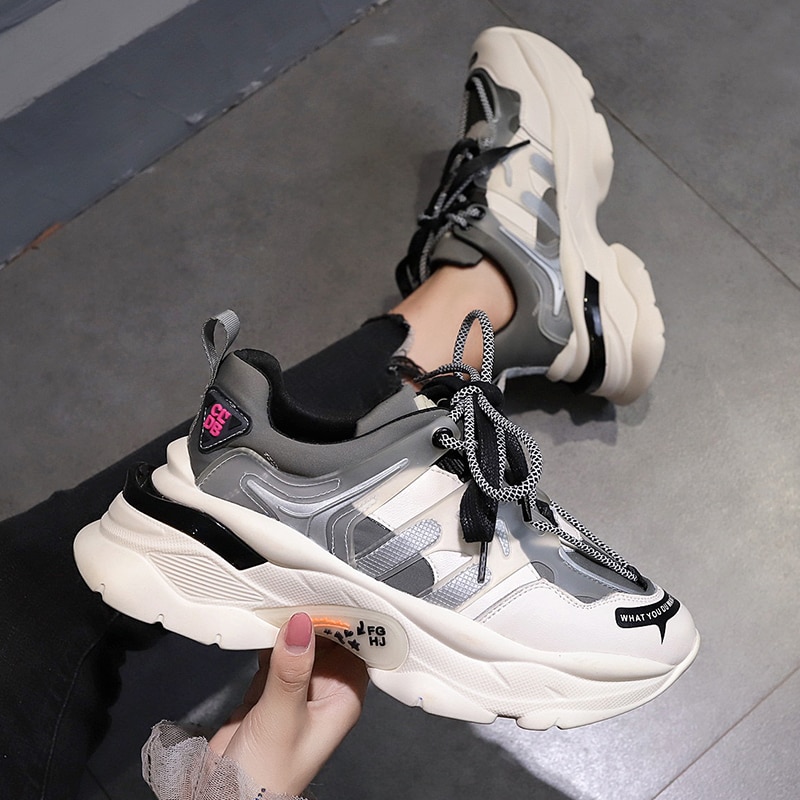 Höst kvinnor chunky sneakers plattform kvinnor bekväma snörning platta skor unisex träningsskor damskor