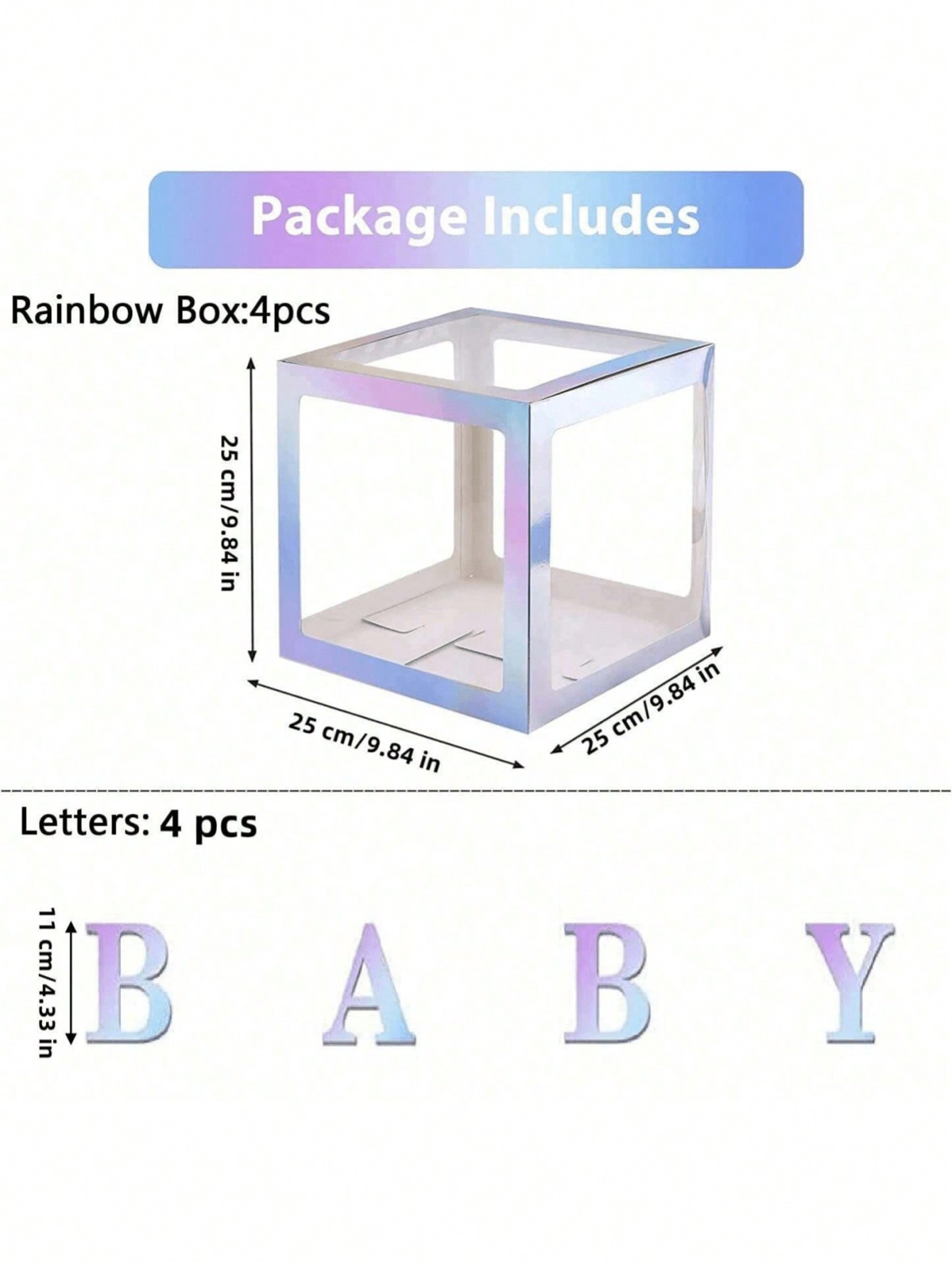4 babybokser med babyshowerpost, babyshowerpynt for gutter eller jenter, gjennomsiktige ballongbokser, bursdagsfest (uten ballonger)