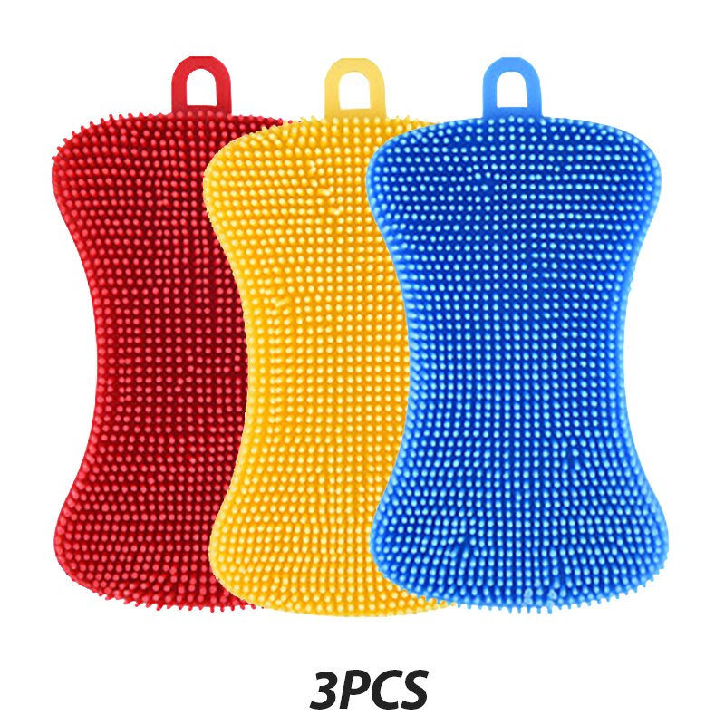 3PCS Silicone Dish Washing Brush Pot Pan Sponge Scrubber Silicone Scouring Pad Fruit Pot Pan Wash Brushes Kitchen Cleaning Tool: 3pcs-A