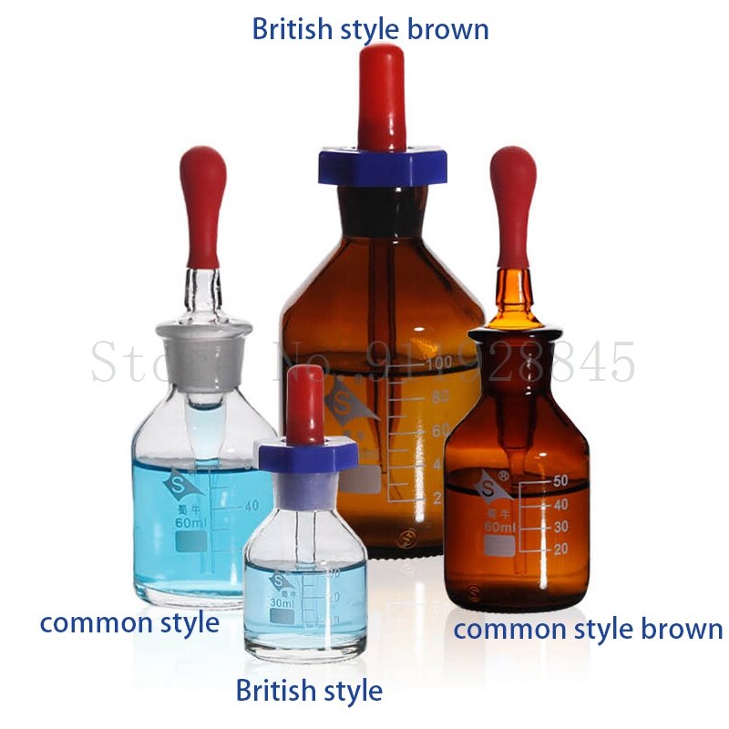 Garrafa conta-gotas britânica transparente/marrom, 4 tamanhos, com conta-gotas de linha escala, esfregar, vidro de borosilicato