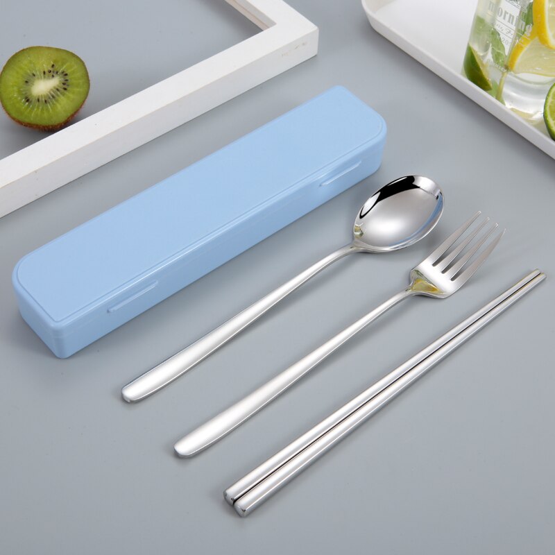 304 ruostumatonta terästä korea astiasto lusikka syömäpuikot laatikko astiasto matka ruokailuvälinesarja kannettava astiasto: Sininen 3 kpl