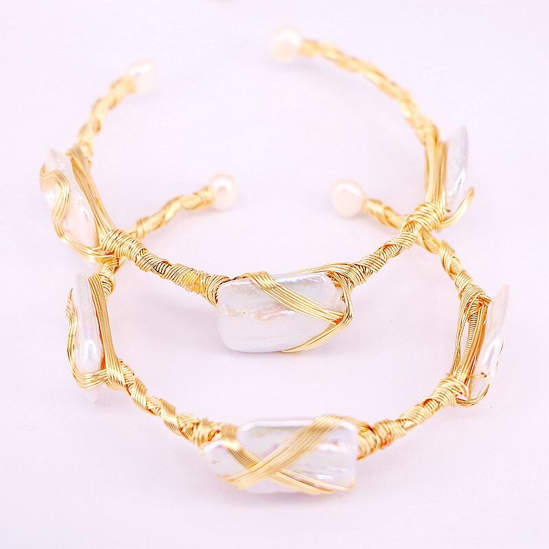 5Pcs Pearl Cuff Bracelet - Gold Wire Wrap Pearl Bride Bangle - Handmade Geometric Pearl Jewelry for Women