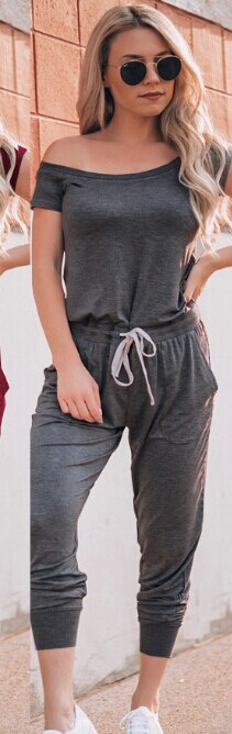 Bodycon kortärmad snygg jumpsuit dambyxa off shoulder solid casual lös playsuit dam: Mörkgrå / M