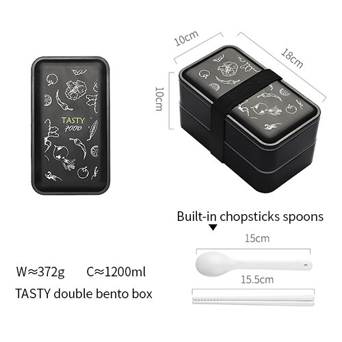 Portable Rectangular Lunch Box Double Plastic with Compartments Bento Box 1200ml Microwave Tableware Food Storage Container: Tasty