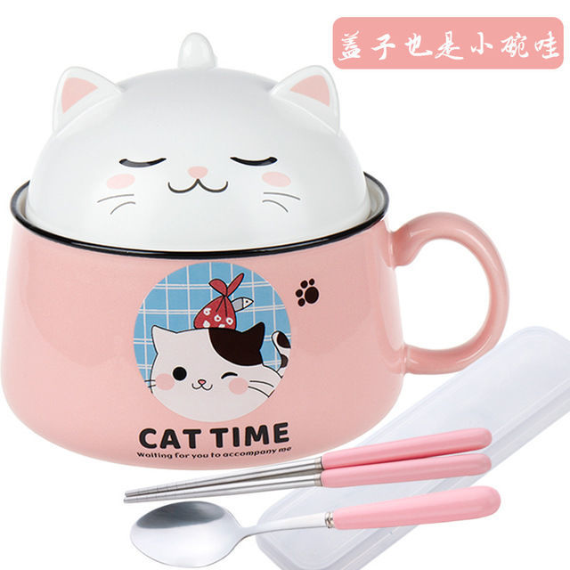 Cartoon Cat Bowl Ceramic Bowl Large Capacity Soup Bowl Kitchen Tableware Salad Bowl Ramen Noodle Bowl With Lid Spoon Fruit Bowl: Pink  tableware