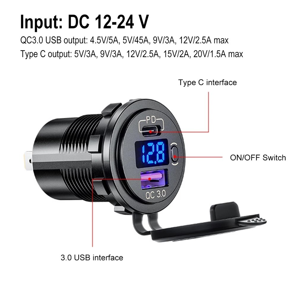 Pd Type C Usb Car Charger Socket En Qc 3.0 Quick Charger 12V/24V Auto Stopcontact socket Met Led Voltmeter Aan/Uit Schakelaar