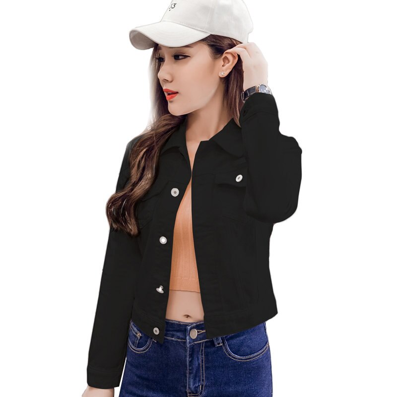 Abrigo de mujer chaquetas de mezclilla azul otoño chaquetas de mezclilla para mujer Jeans abrigos de mezclilla de un solo pecho ropa femenina: Black / L