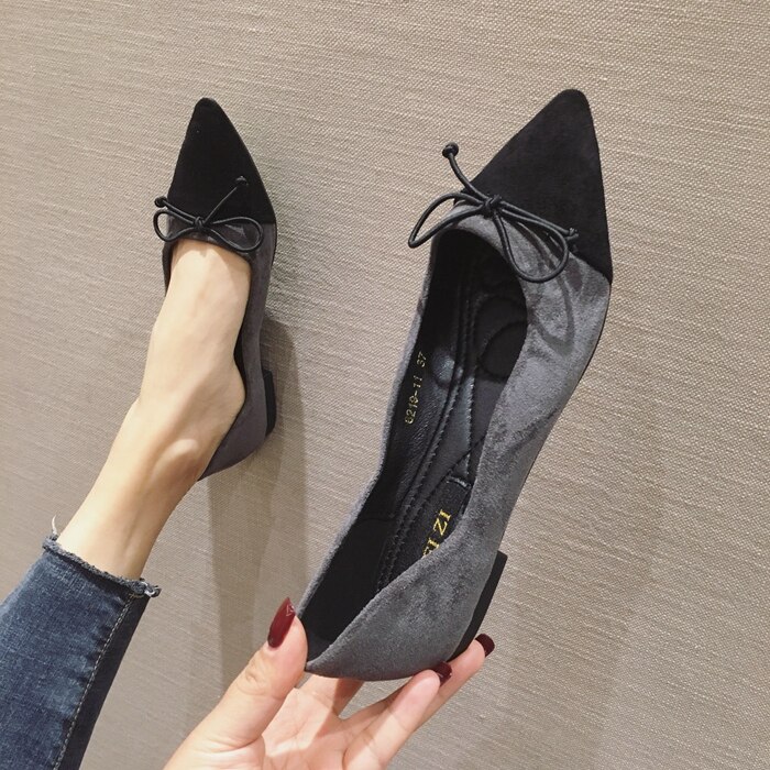black/gray patchwork suede leather flat shoes woman pointed toe bowtie ballet flats big size 41 mules women slip on loafers