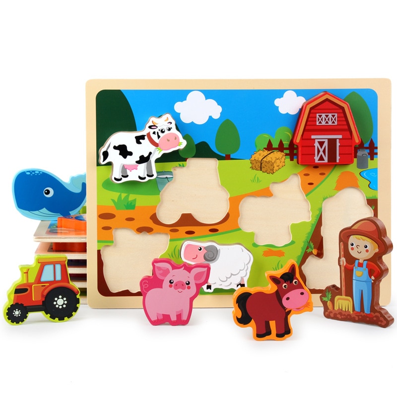 Kleurrijke houten 3d voor kinderen, vervoer van boerderijdieren, vroeg educatief speelgoed, cartoon dierenpuzzel voor kinderen