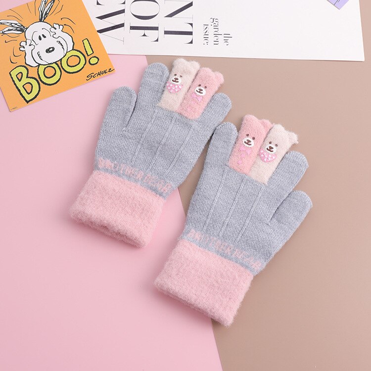 For 4~7Y Kids Winter fingers warm soft knitted boy gloves carton girls thin gloves for Kids: grey