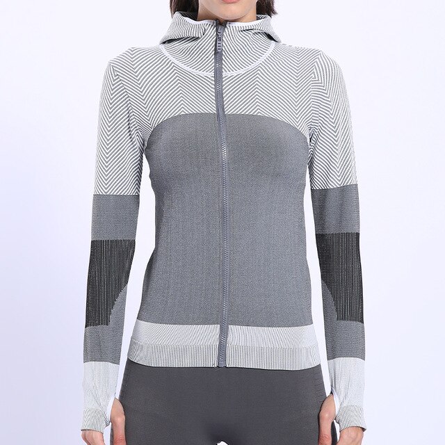 Mulheres esportes náilon hoodie alto elástico apertado treinamento fino ginásio casaco de fitness profissão jogging camisolas com capuz: gray / M