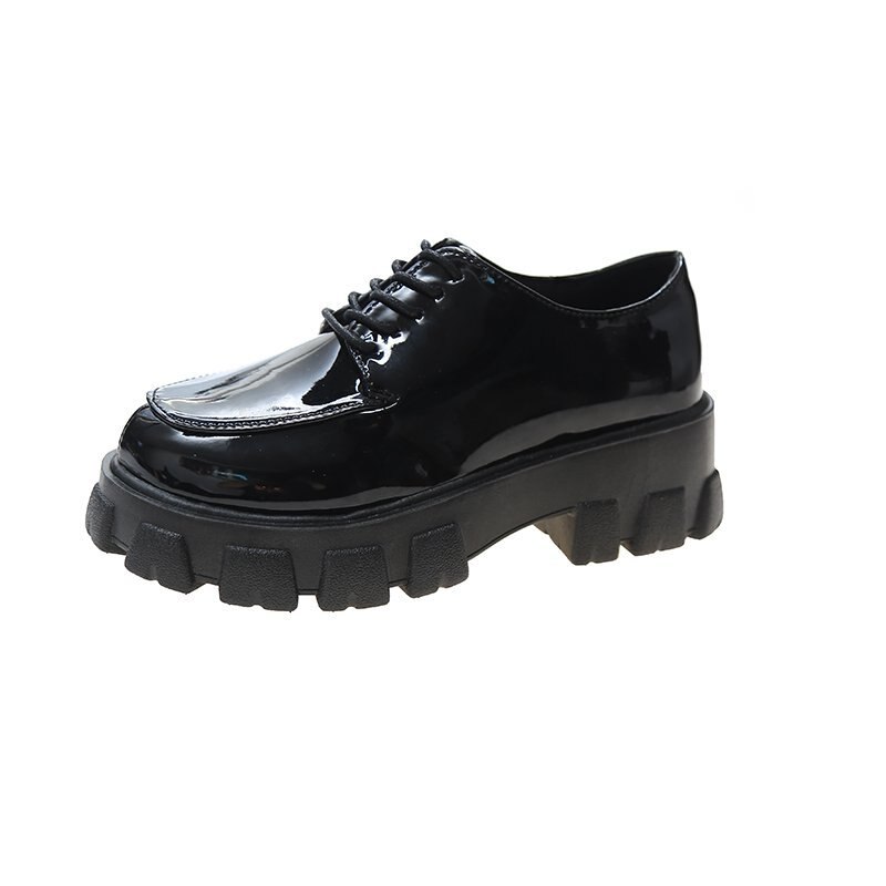 Zapatos Oxford de cuero negro liso para mujer, mocasines de plataforma de fondo grueso con cordones, informales, para otoño: Bright / 5
