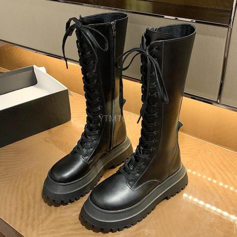 Botas de media caña con plataforma y cordones para Mujer, calzado informal de cuero Pu con cremallera antideslizante, de lujo