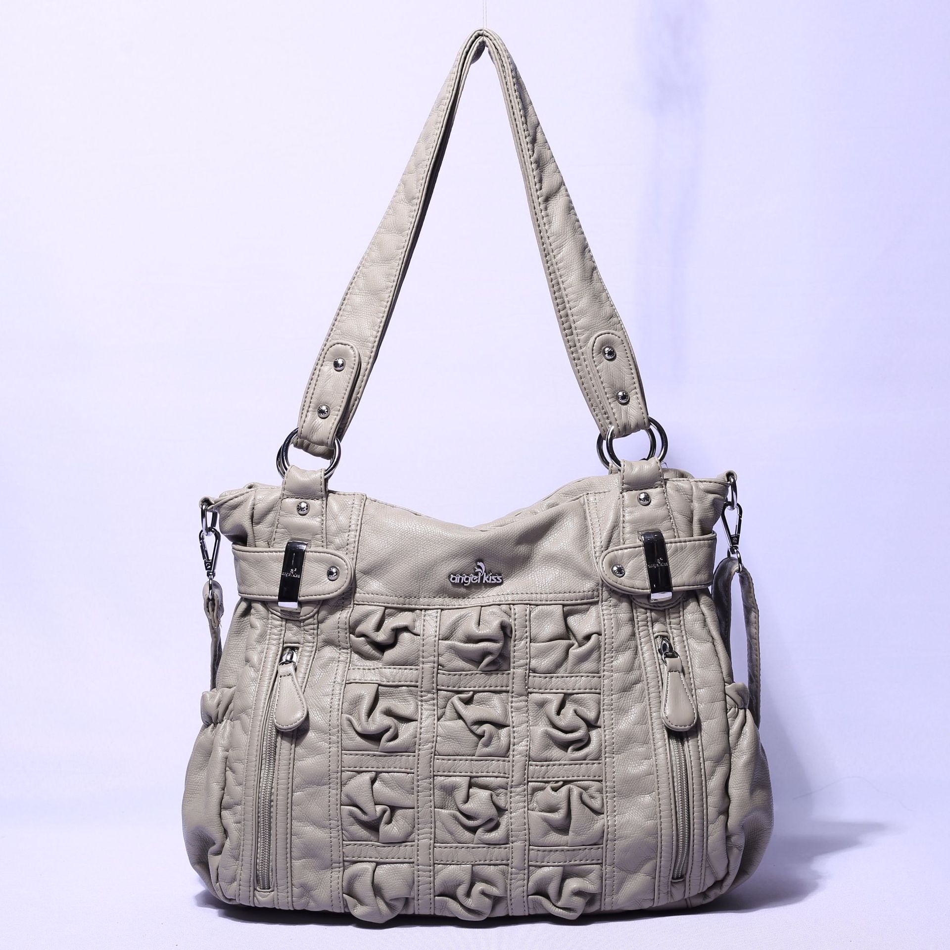 Angel Barcelo femmes sacs à main PU sac à bandoulière plissé sac à bandoulière doux dames cartables grande capacité portefeuille: Gris