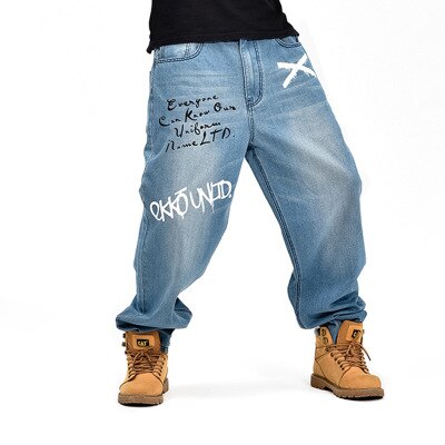 Cholyl baggy jeans mænd denim bukser løse streetwear jeans hip hop casual print skateboard bukser til mænd plus size bukser blå: 38
