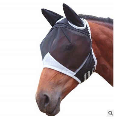 Hest / cob / pony mesh flue maske hætte med ører åndbar anti myg maske sml: Sort / L