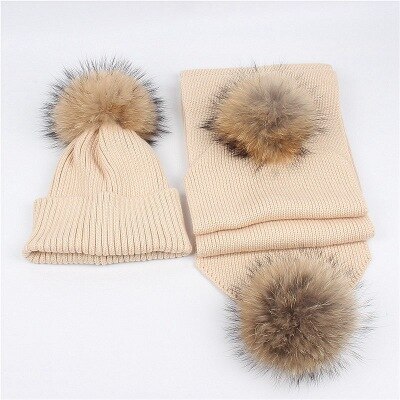 Luxe Vrouwen Hoeden En Sjaals Kinderen Sneeuw Dragen Hoeden Winter Gebreide Skullies 2Pcs Unisex Effen Kleur: Beige / Adult