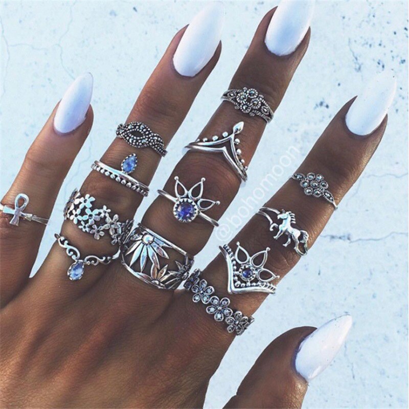 Bague Femme Vintage Ringen voor Vrouwen Boho Geometrische Bloem Crystal Knuckle Ring Set Bohemian Midi Vinger Sieraden Zilveren Kleur: Set13 Horse