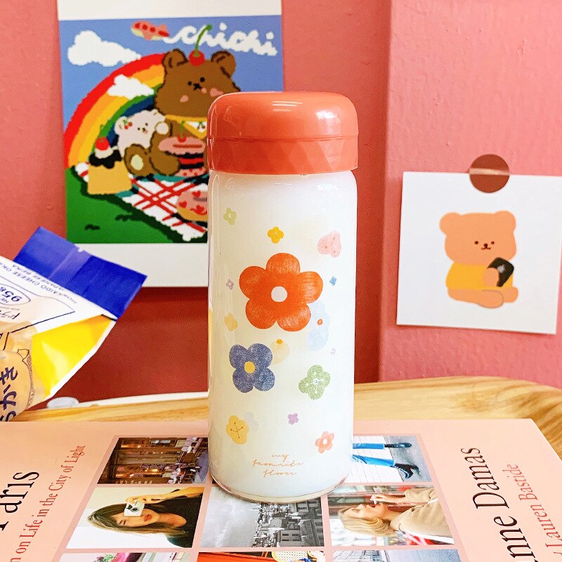 OAPE-taza pequeña portátil de cristal con de flores Kawaii, Mini taza de té portátil para niños y niñas, botella de agua sencilla: Rojo