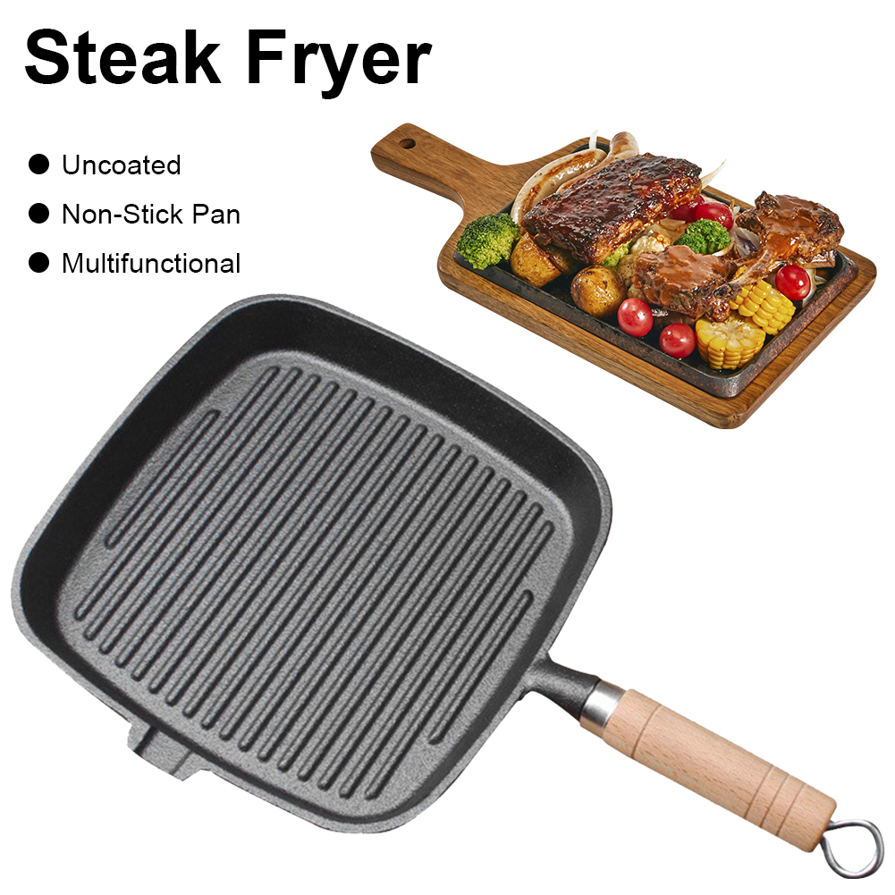 Gusseisen Pfanne Steak Pfanne mit Holzgriff unbeschichtete Antihaft-Bratpfanne Steak Braten Topf Steak Pfanne für Camping