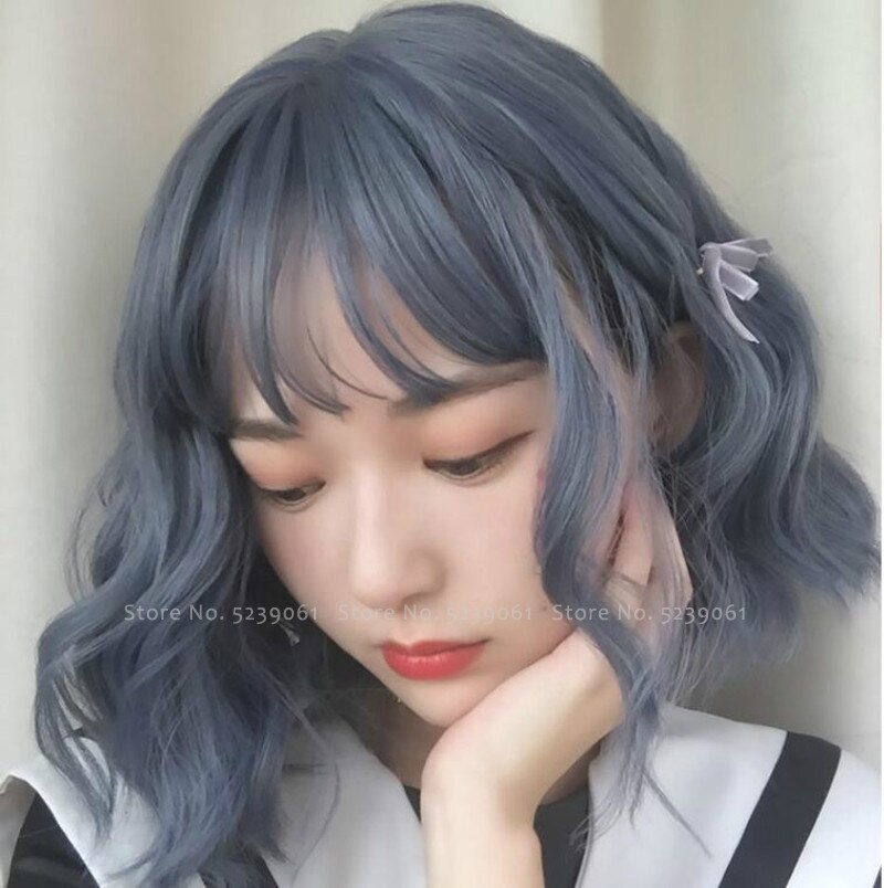 Pelucas grises azul corto con flequillo de aire sintético resistente al calor para mujeres niñas peluca rizada Natural Linda accesorios de Cosplay