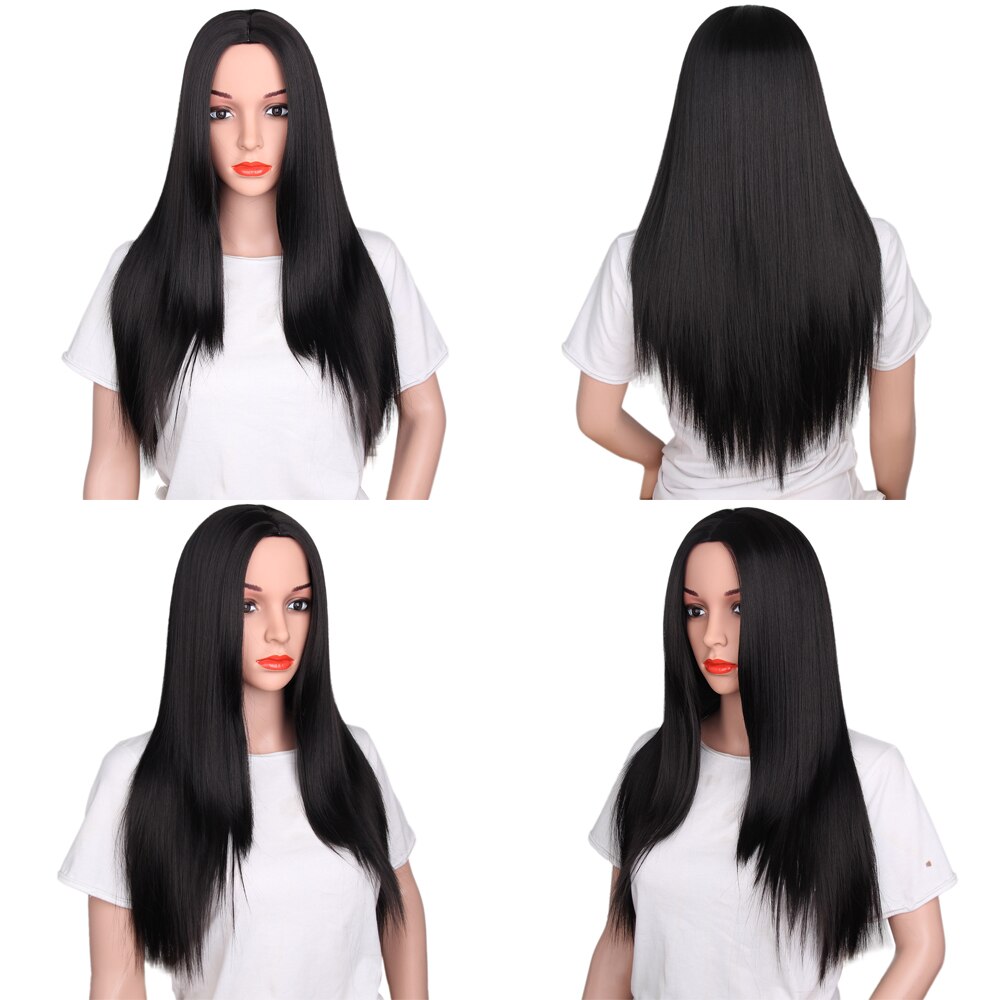 Stamped Glorious 26inches Synthetic Wig Straight Long Black Wig MiddlePart Heat Resistant Fiber Hair Wigs for women
