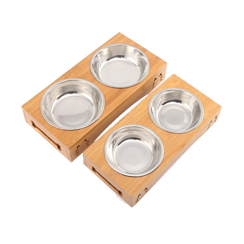 Pawstrip pet dubbele hondenkom, bamboe, roestvrij staal, keramische kattenbak, hondenvoerbak, voerbak, waterbak voor honden, dierenwinkel