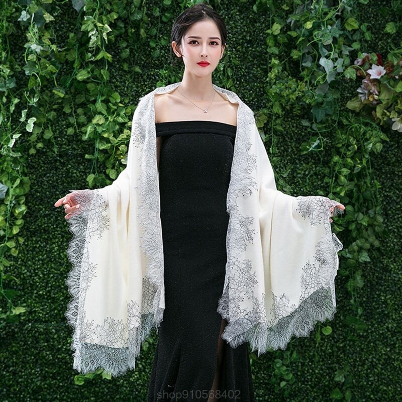 Pashmina-Pañuelo grande para vestido de noche, chal , Floral, con borde de encaje, estola de boda, N19 20,