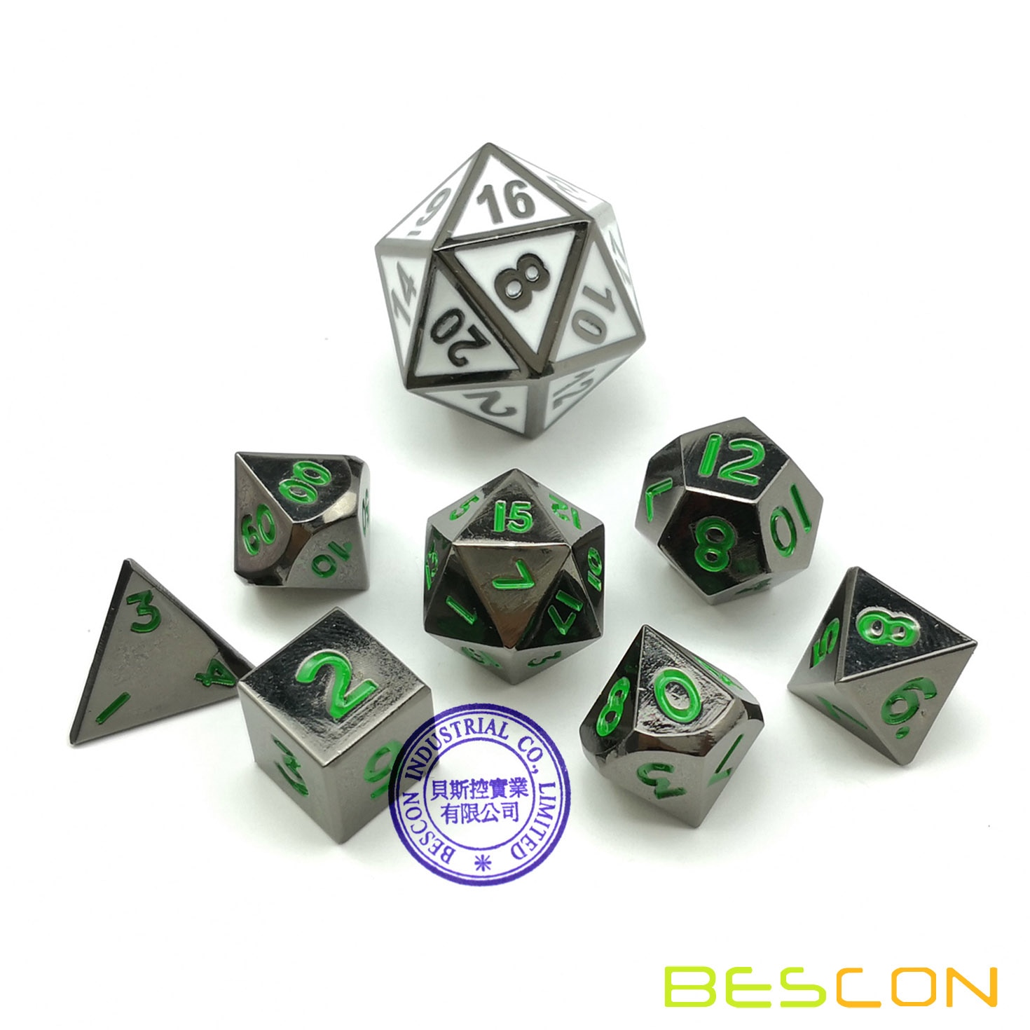 Bescon 10 Mm Mini Solide Metalen Dobbelstenen Set Glossy Metallic Oppervlak Met Groene Nummers, mini Metalen Polyhedral D & D Rpg Dobbelstenen 7-Set